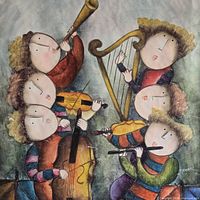 Close-up of painted figures and instruments, visible signature