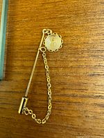 Full view of stick pin, charm, and chain