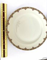 Dinner plate showing floral and gold border with ruler for scale