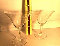 Two clear etched cocktail stems beside ruler showing height