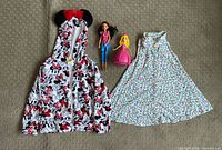 Group shot of Minnie Mouse jacket, floral dress and two dolls
