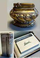 Collage showing Ronson Crown table lighter, IMCO Triplex petrol lighter, and Hauni Classic lighter in case