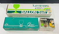 Three sealed manufacturer boxes: Luminarc Ballon 3Bis (6), Gina (4), Favori (6)
