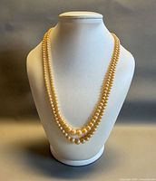 Full view of two-strand pearl necklace on display bust