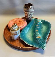 All five items grouped on wooden tray