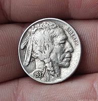 Obverse of 1937 Buffalo Nickel showing Native American and date
