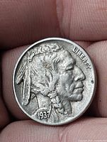 Obverse of 1937 Buffalo Nickel showing Native American profile and date