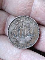 Reverse of 1941 half penny showing ship design and date