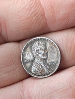 Obverse of 1943 steel Lincoln cent showing date, LIBERTY and IN GOD WE TRUST