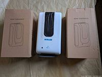 Center Ecolab soap dispenser flanked by two boxed dispensers