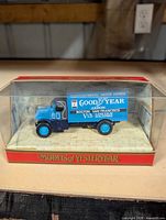 Front view of boxed Matchbox Goodyear truck showing graphics and display case