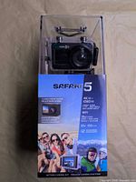 Front view of Safari 5 action camera kit in sealed box