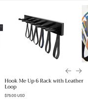 Front view product image of rack showing six hooks with leather loops