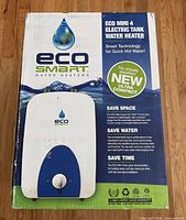 Front of sealed retail box showing EcoSmart Eco Mini 4 electric tank water heater details