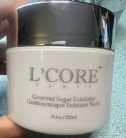 Front label of L'Core Paris Gourmet Sugar Exfoliator jar