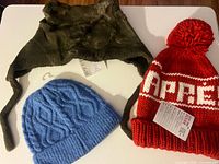 All three hats laid out showing design, colors, attached tags