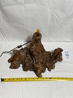 Full view of burl wood lamp with measuring tape for scale