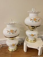 Both milk glass floral lamps full view