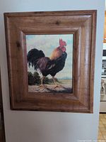 Front view showing rooster print and wood frame