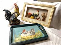 Overall lot view showing rooster figurine, framed shadowbox and painted tray