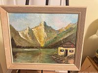 Full view of framed Frank Liska mountain lake painting