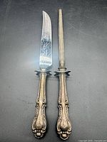 Knife and sharpening steel side by side showing handles and blades