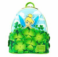 Front view of Tinker Bell mini backpack showing clover appliqués and character art