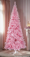 Staged view of fully assembled pink artificial Christmas tree on white stand