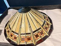 Top view of stained glass lamp shade showing overall design and metal fitter