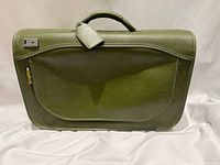 Front view showing olive green suitcase, curved zippered pocket, lock hardware
