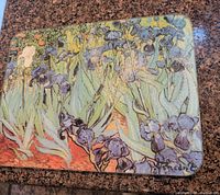 Top view showing van Gogh Irises artwork on cutting board