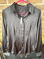 Front view of black satin blouse on hanger showing full design