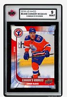 Front of encapsulated Connor McDavid #CAN6 card showing grade label