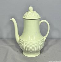 Full left-side view of Wedgwood Willow Weave coffee pot showing handle and lid
