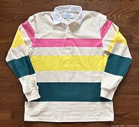 Front view of multicolor striped rugby shirt