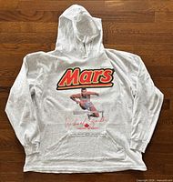 Full front view of grey hoodie showing Mars logo, Michael Smith graphic, missing drawstrings