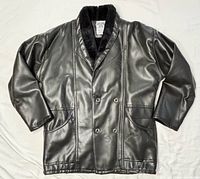 Front view of black leather sherpa lined double-breasted jacket
