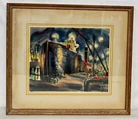 Full view of framed lithograph showing artwork, mat and frame