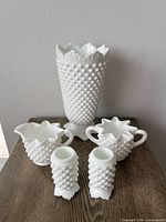 Group shot of all five hobnail milk glass pieces