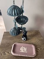 Overall view showing rain chain, glass cat, Wedgwood tray