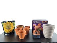 Group shot showing all planters, terracotta pots, chia pet bust and box