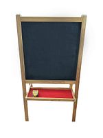 Front view showing black chalkboard surface, red tray, chalk box on tray