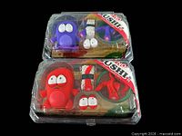 Front view of both red and purple O-No! Sushi figure sets in blister packs