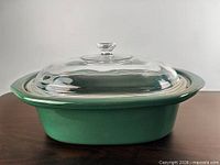 Side view of casserole with lid showing overall color and shape