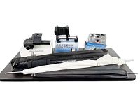 Group shot of all items: bellows, macro rail, Suntone camera, two umbrellas, monopod, carrying case