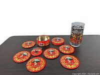 Glass, open coaster tin, six coasters displayed