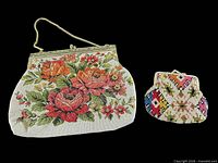 Front view of floral tapestry handbag and geometric coin purse