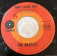 Side A label And I Love Her showing catalog number, label color, wear