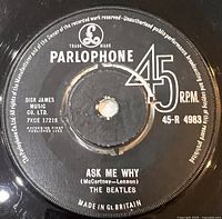 B-side label showing Ask Me Why, catalog 45-R 4983, condition detail