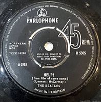 Side A label showing song title Help!, catalog R5305, Parlophone black label